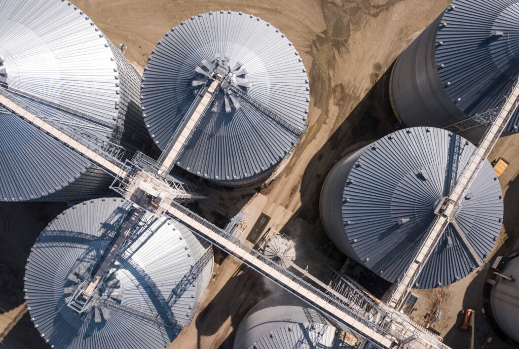 aerial overhead view of grain storage elevators in south dakota, usa.
